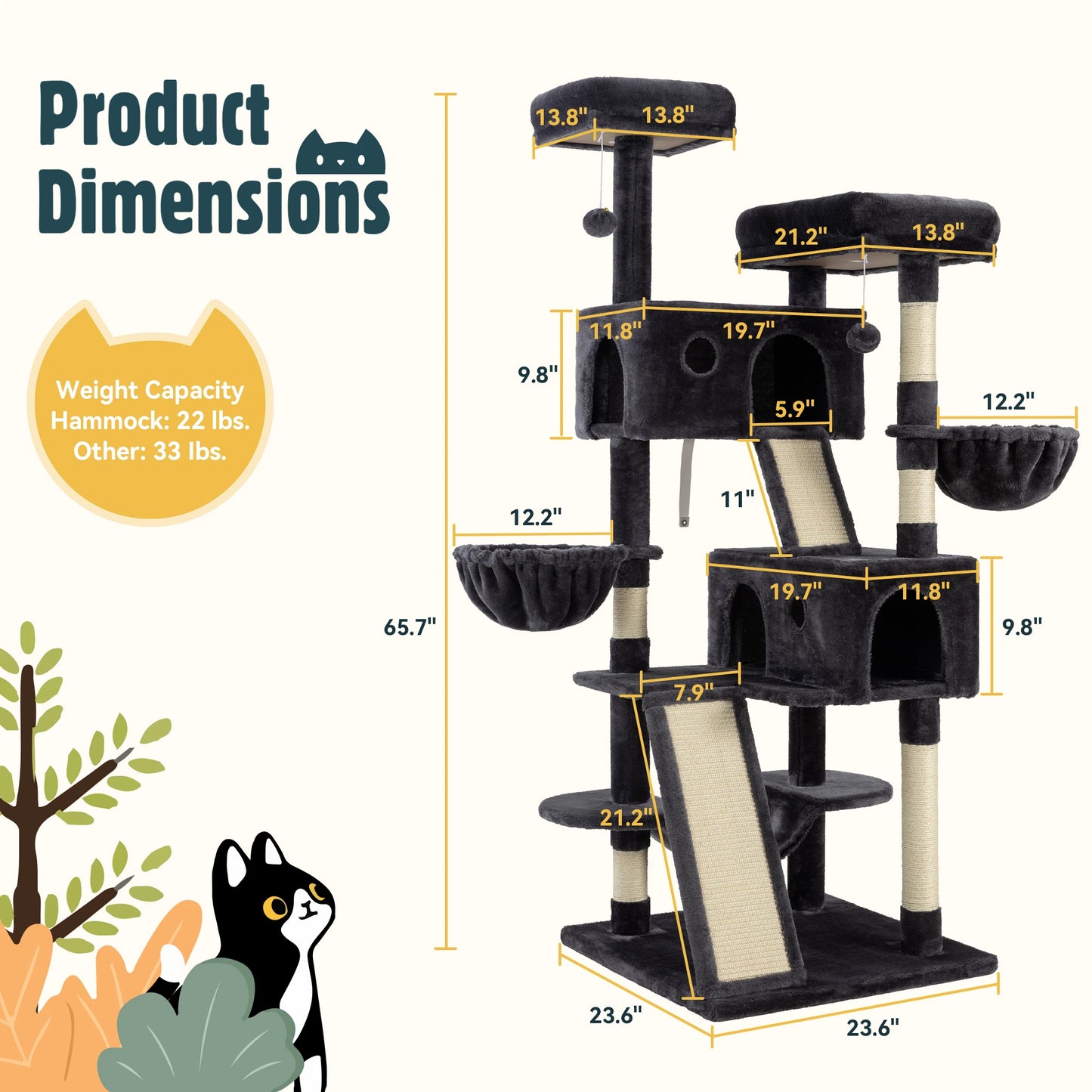 65in Multi-Level Large Cat Tree Cozy Plush Cat Perches