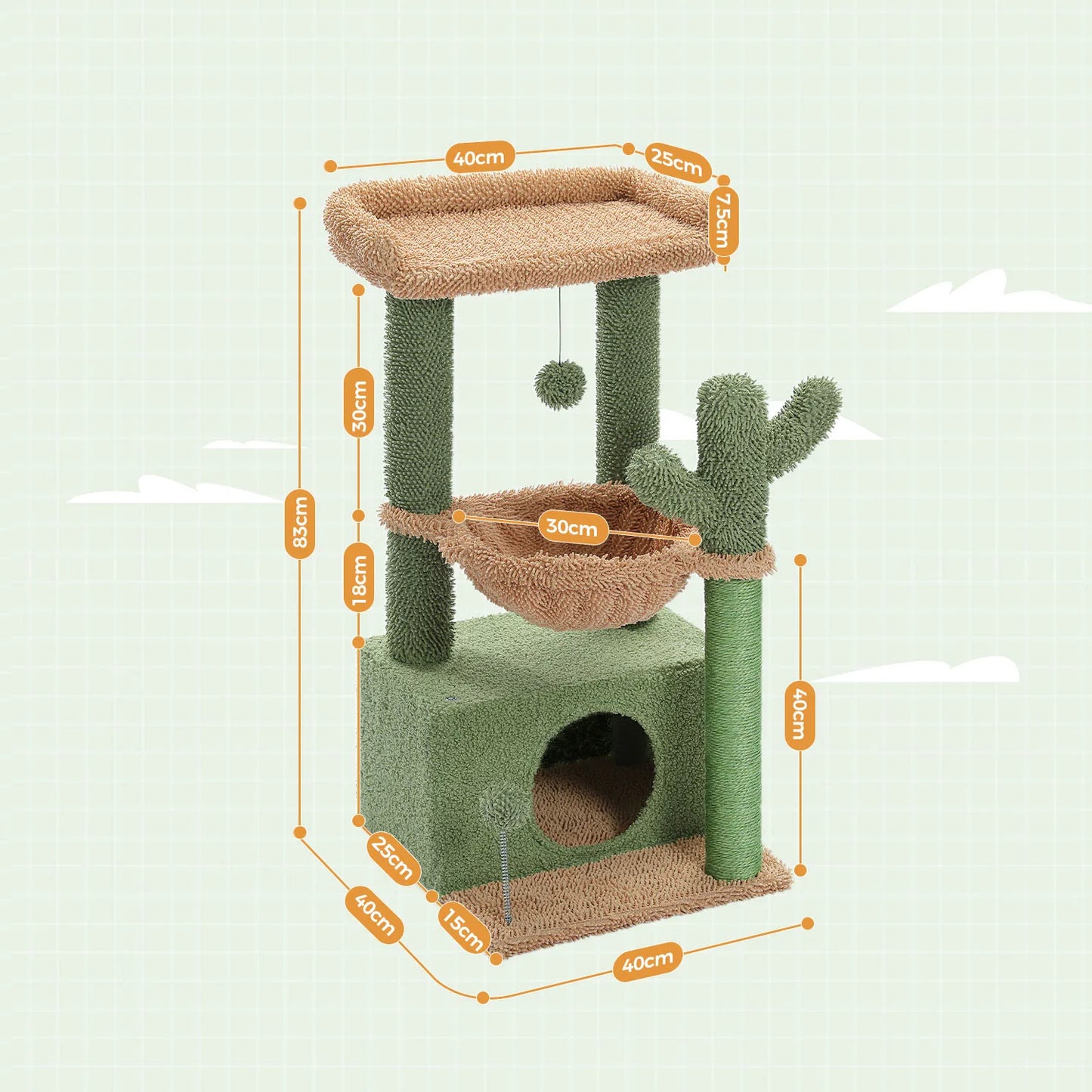 4-in-1 Cactus Cat Tree For Indoor Cat, Scratching Post With Hammock