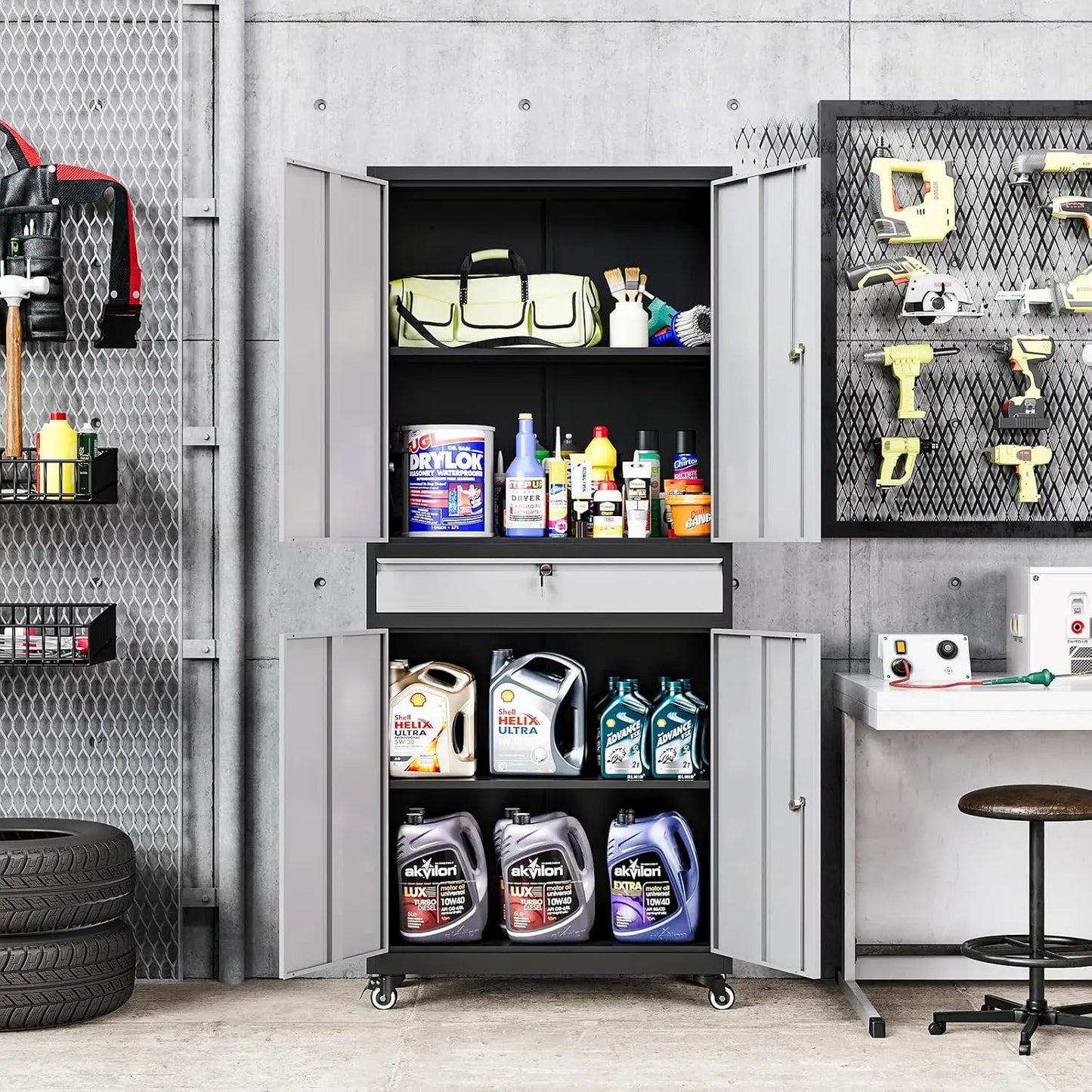 Metal Garage Cabinet With Drawer, Doors, Wheels