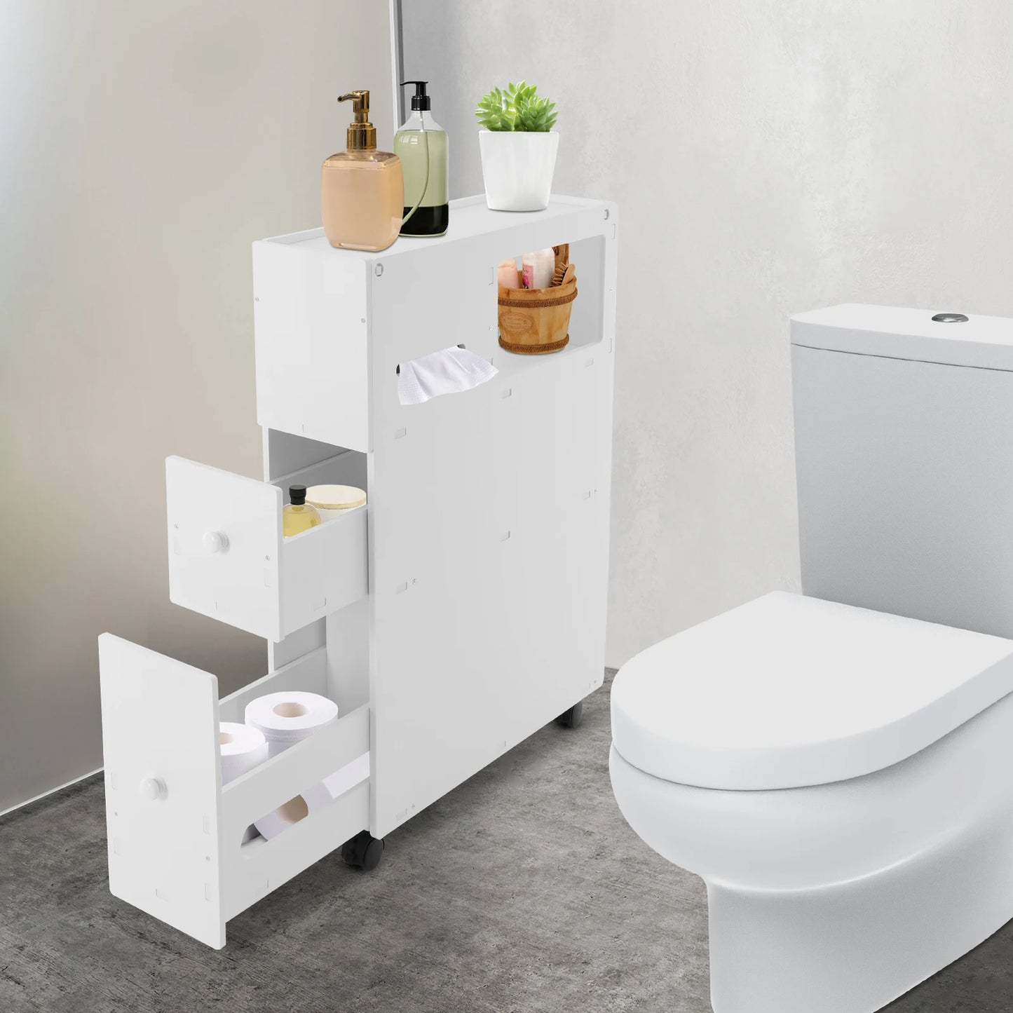 Movable Bathroom Storage Cabinet Large Capacity Narrow Floor Storage