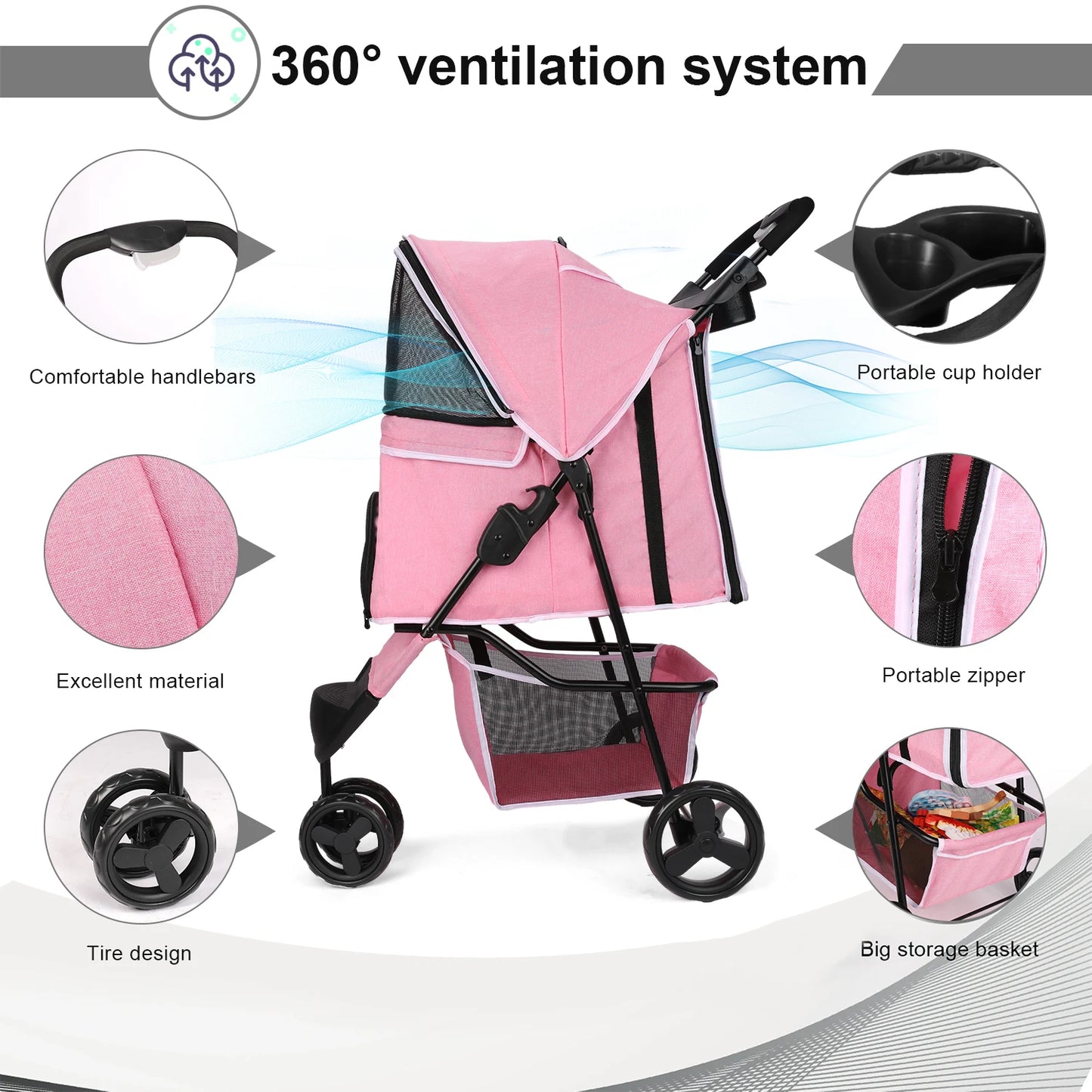 3 Wheel Foldable Cat Dog Stroller with Storage Basket
