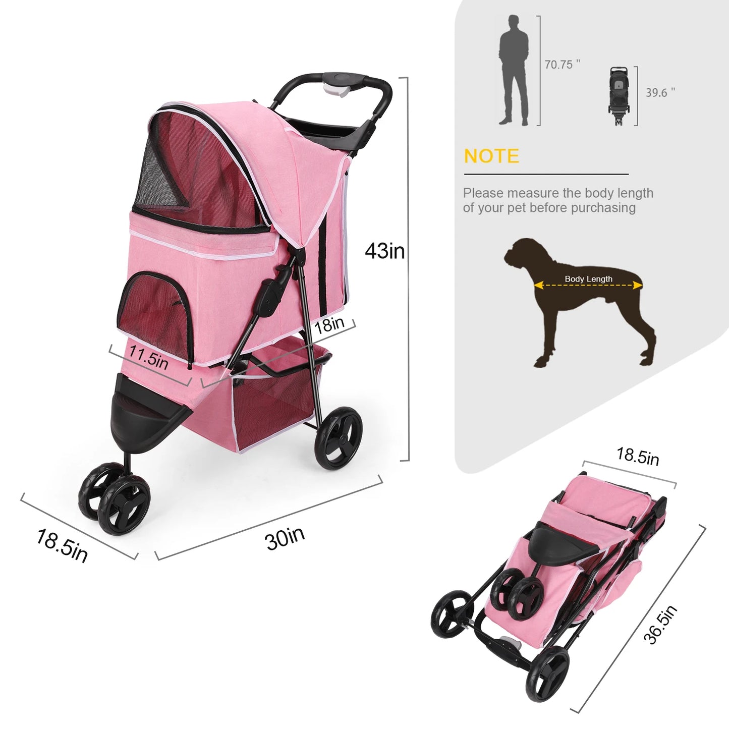 3 Wheel Foldable Cat Dog Stroller with Storage Basket