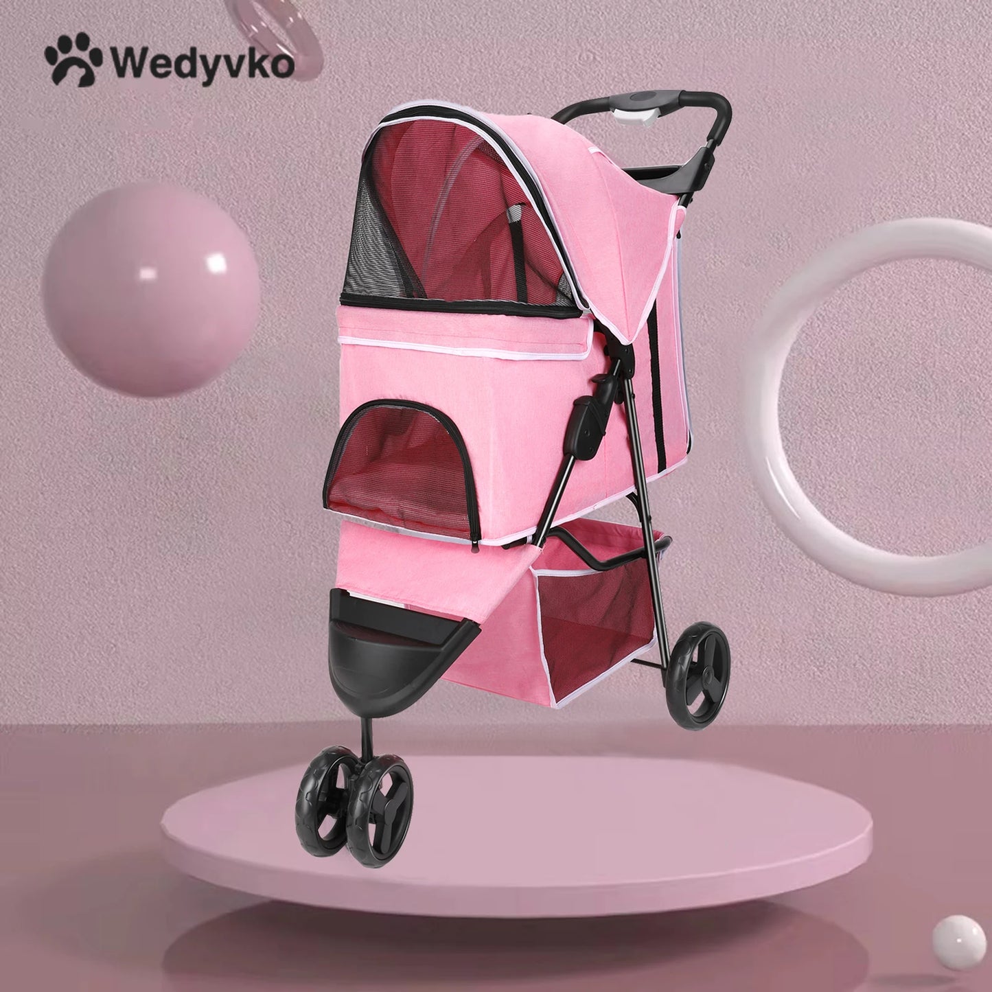 3 Wheel Foldable Cat Dog Stroller with Storage Basket
