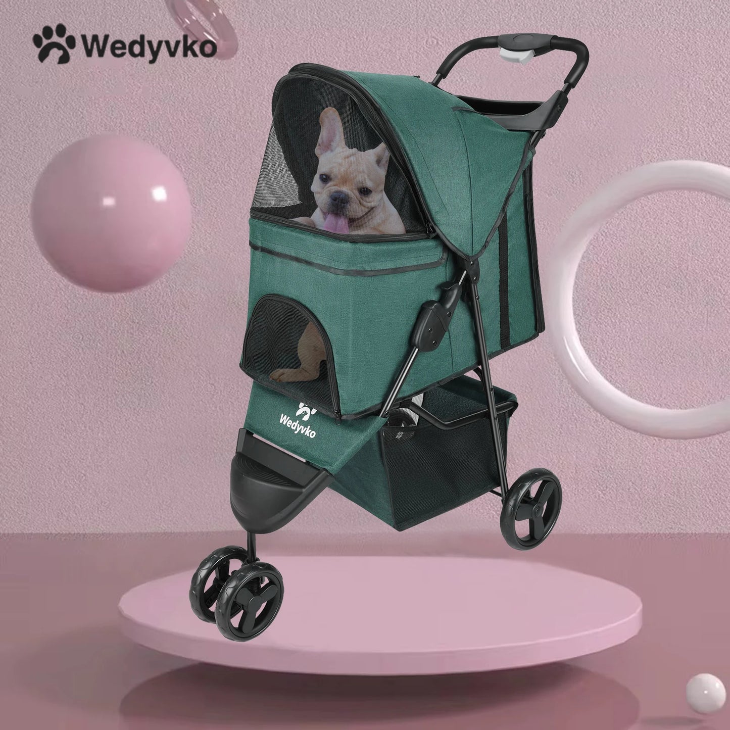 3 Wheel Foldable Cat Dog Stroller with Storage Basket