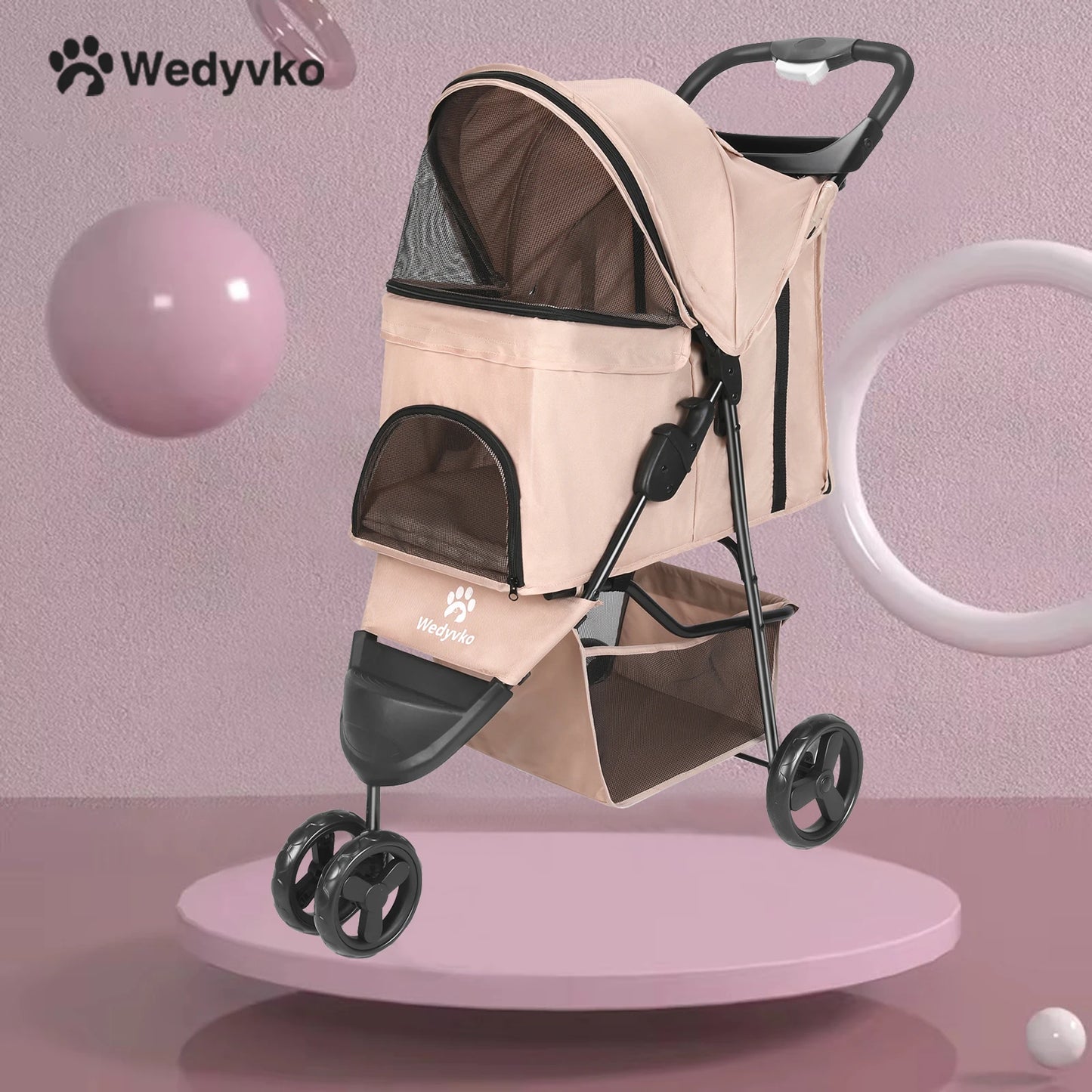 3 Wheel Foldable Cat Dog Stroller with Storage Basket