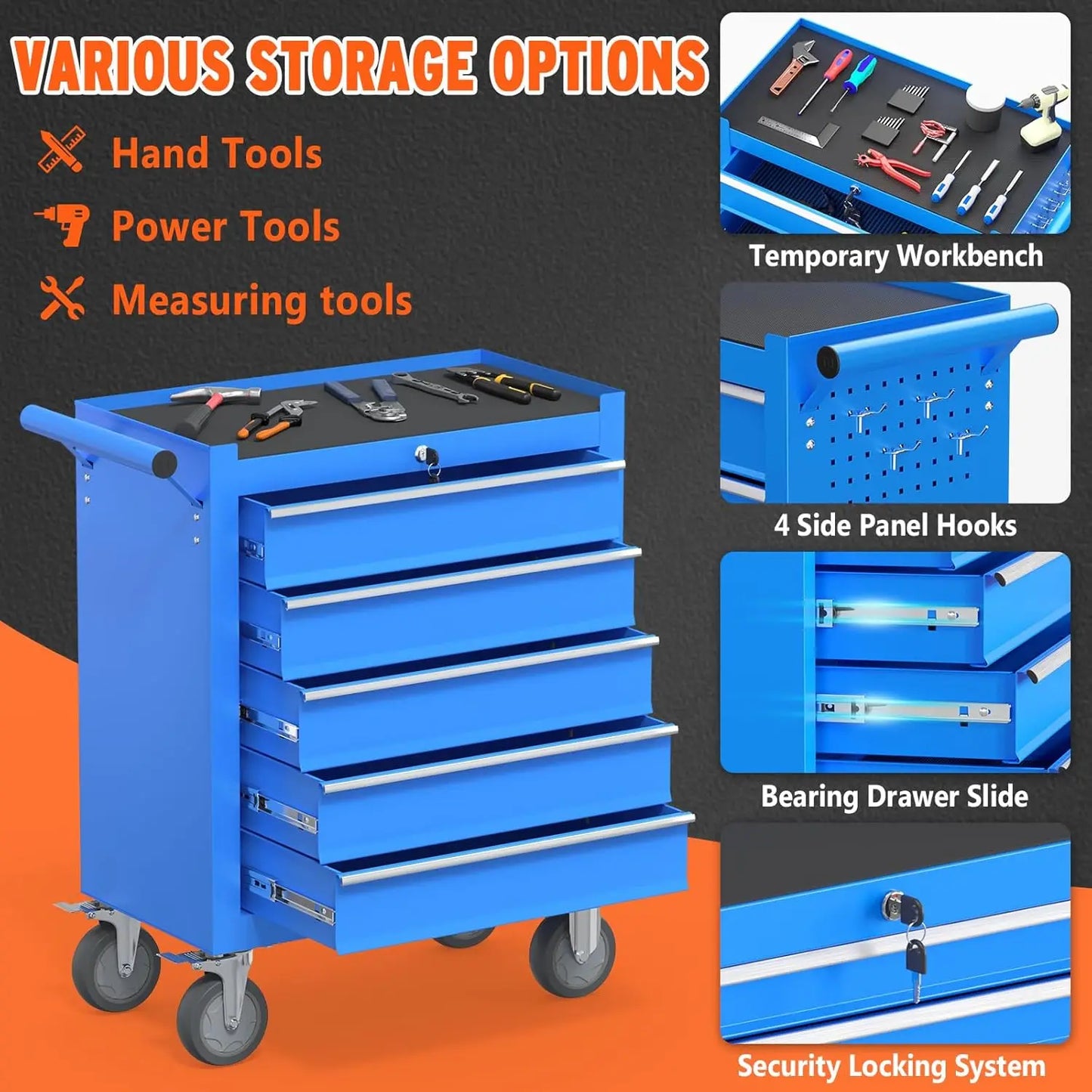 5 Drawers Tool Chest With Wheels, Large Capacity Tool Storage