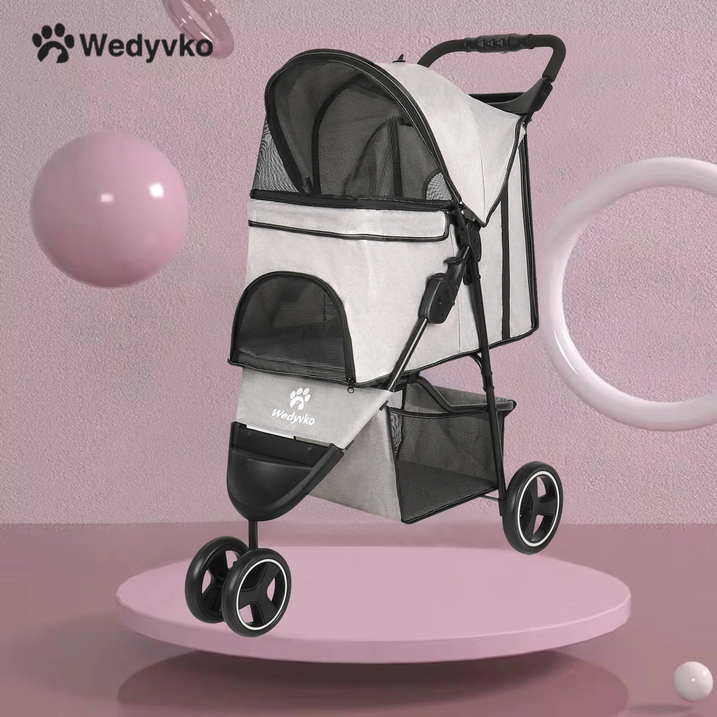 3 Wheel Foldable Cat Dog Stroller with Storage Basket