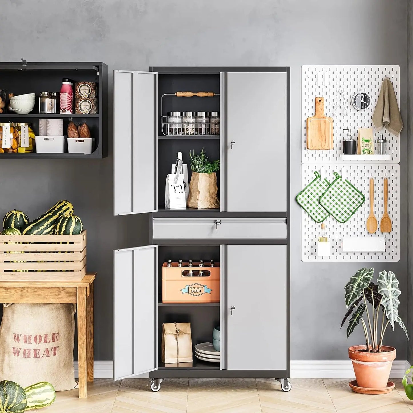 Metal Garage Cabinet With Drawer, Doors, Wheels
