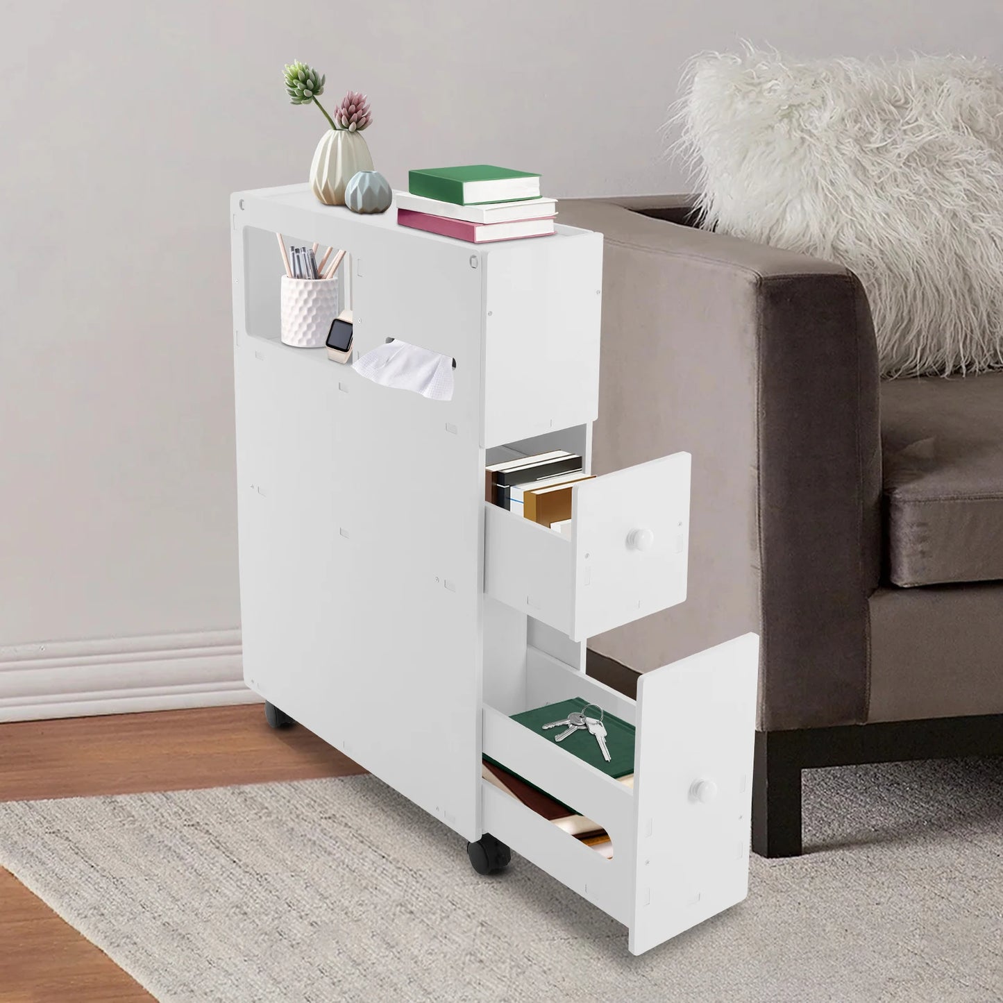 Movable Bathroom Storage Cabinet Large Capacity Narrow Floor Storage