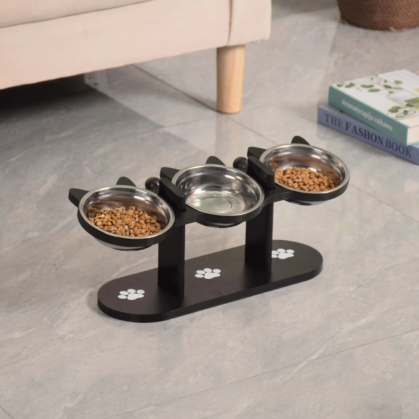 3-Tier Elevated Cat Bowl with Support Stands Wood & Stainless Steel