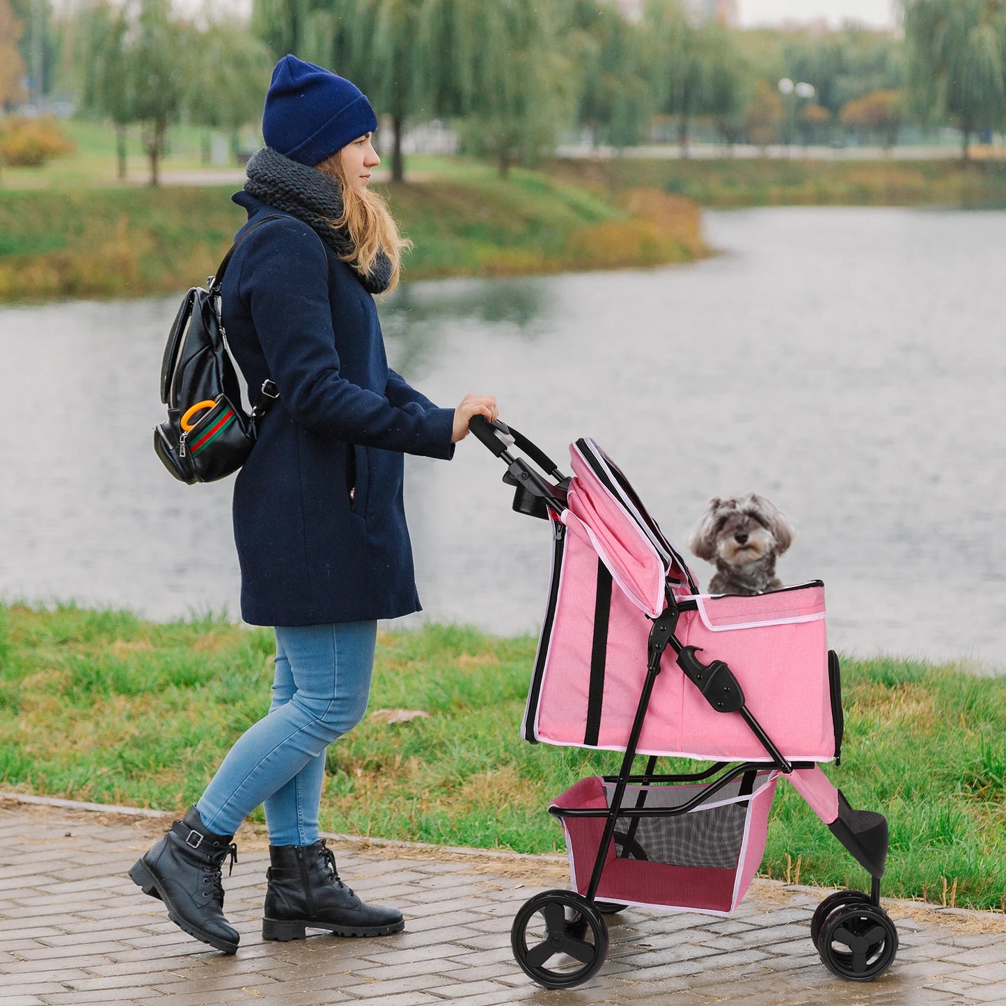 3 Wheel Foldable Cat Dog Stroller with Storage Basket