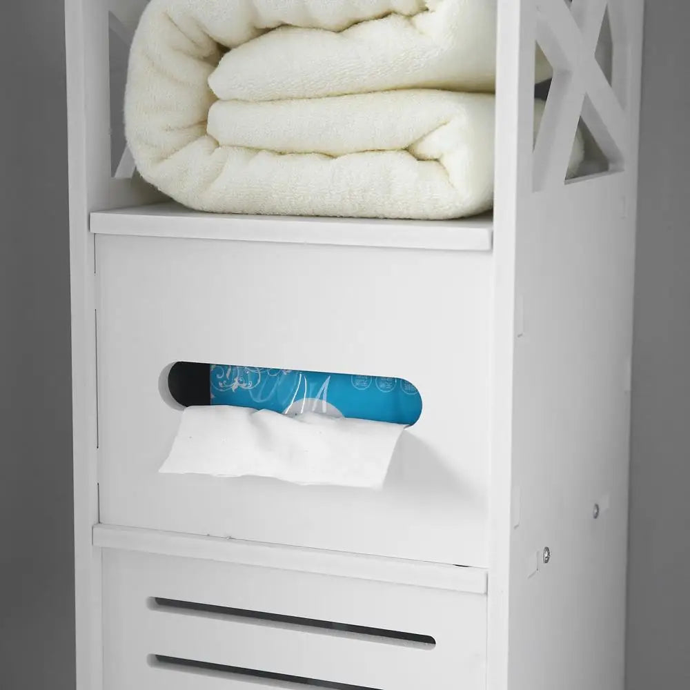 3-Tier White Bathroom Storage Cabinet with 2 Doors