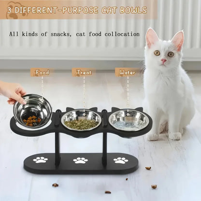3-Tier Elevated Cat Bowl with Support Stands Wood & Stainless Steel