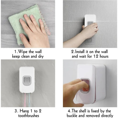 2 Slot Toothbrush Holder and Toothpaste Dispenser Wall Mounted