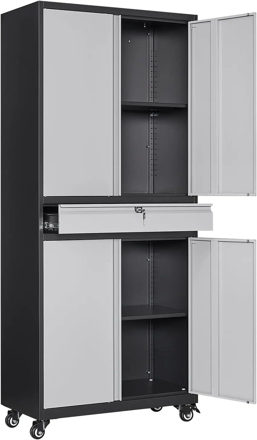 Metal Garage Cabinet With Drawer, Doors, Wheels