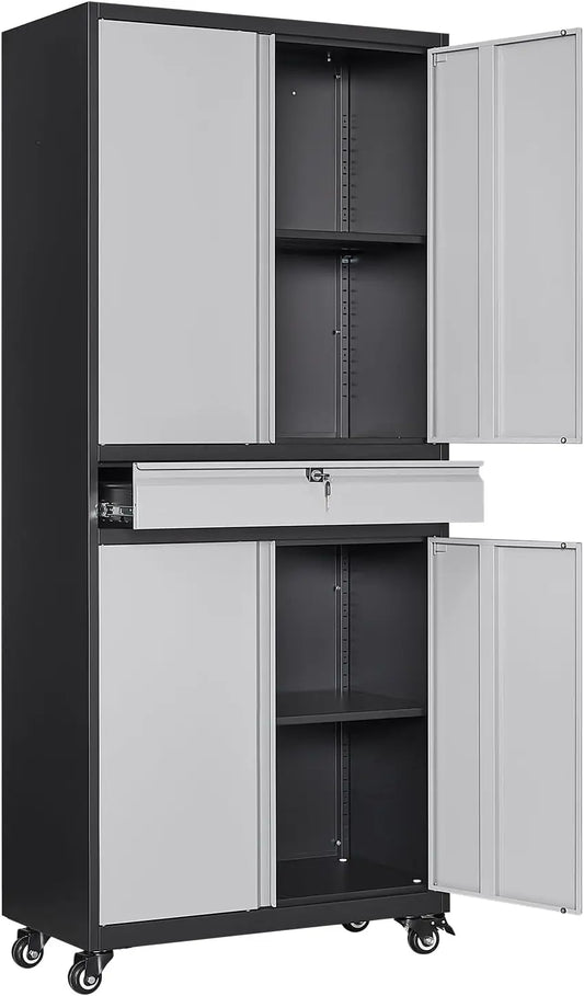Metal Garage Cabinet With Drawer, Doors, Wheels