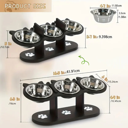 3-Tier Elevated Cat Bowl with Support Stands Wood & Stainless Steel