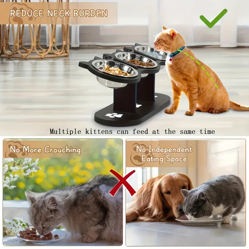 3-Tier Elevated Cat Bowl with Support Stands Wood & Stainless Steel