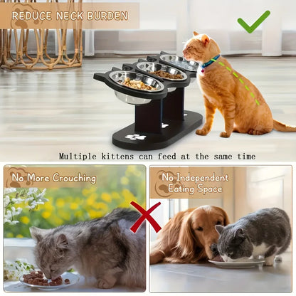 3-Tier Elevated Cat Bowl with Support Stands Wood & Stainless Steel