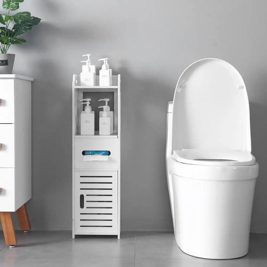 3-Tier White Bathroom Storage Cabinet with 2 Doors