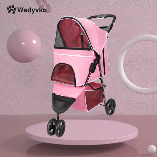 3 Wheel Foldable Cat Dog Stroller with Storage Basket
