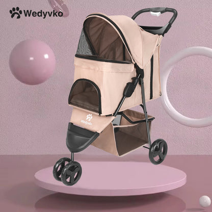 3 Wheel Foldable Cat Dog Stroller with Storage Basket