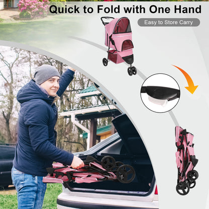 3 Wheel Foldable Cat Dog Stroller with Storage Basket