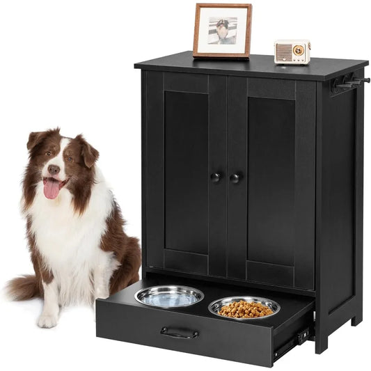 Dog Feeding Station with  Storage Cabinet And 2 Elevated Dog Bowls