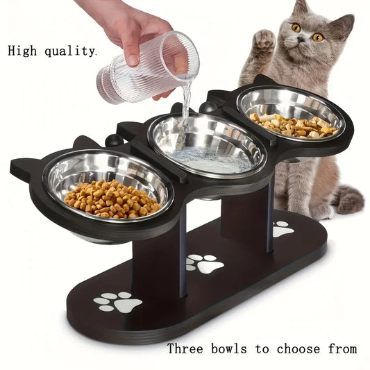 3-Tier Elevated Cat Bowl with Support Stands Wood & Stainless Steel