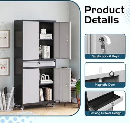 Metal Garage Cabinet With Drawer, Doors, Wheels