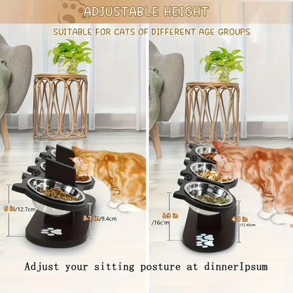 3-Tier Elevated Cat Bowl with Support Stands Wood & Stainless Steel